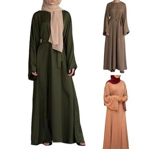 Sıradan Elbiseler Kadın Türkiye Arap Müslüman Eid Abaya Dubai Maxi Elbise Parlama Uzun Kollu Düz Renk İslami Kaftan Hijab Kravat Bel RO297G