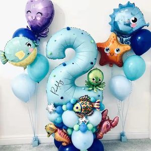 Inne imprezy imprezowe 44PCS pod morzem ocean światowe balony zwierzęce Niebieski numer balon morski motyw dzieci dzieci wszystkie urodziny dekoracja baby shower 231005