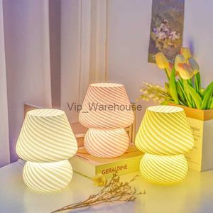 Table Lamps Glass LED Table Lamp Korean Ins Style Striped Mushroom Lamp Desk for Bedroom Bedside Lamp Home Decor Cute Mini Holiday Gifts YQ231006