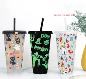 24oz/710ml Christmas Halloween Mugs Color-changing Cups Cold-changing Drink Tumbler with Straw Fruit Tea PP Temperature-