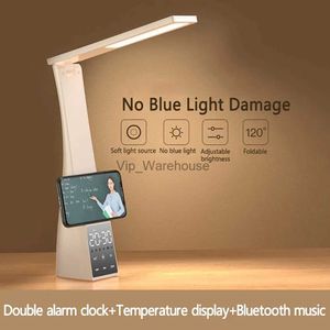 Bordslampor LED -skrivbordslampa med Bluetooth -högtalar Temperatur Alarmklocka Dimbar Touch Foldbar bordslampa Läsning Lätt ögonskydd YQ231006