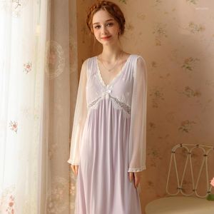 Kvinnors sömnkläder viktorianska vintage modal V hals Nighty Spring Autumn Women Mesh Nightgown Fairy Lace Long Night Dress Romantic Princess