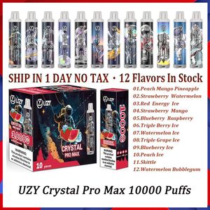 Original UZY Crystal Pro Max 10000 Puff Einweg-E-Zigaretten 1,2 Ohm Mesh-Spule 16 ml Pod-Batterie wiederaufladbare elektronische Zigaretten Puff 10K 0% 2% 3% 5% RBG Light Vape Pen