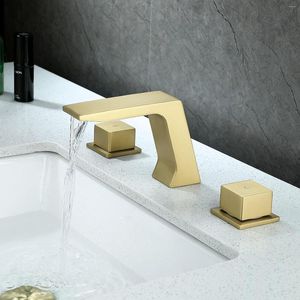 Смесители для раковины в ванной, 59 #, твердый латунный матовый золотой смеситель для 3 отверстий, 2 ручки, широко распространенная черная разделенная раковина