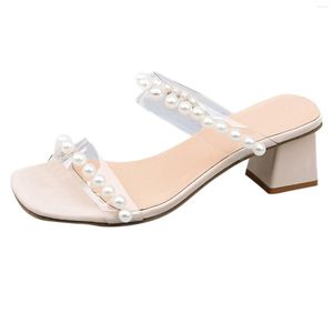 s Sandals Clear Chunky Shoes Heel Tape Pearl Slip-on Ladies Sandal Fashionsquare High Toe Women's Shoe Ladie Fahionquare Women'