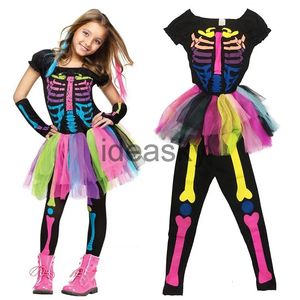 Cosplay chegada arco-íris esqueleto menina traje da criança funky punky osso traje carnaval purim traje de halloween para crianças 231005