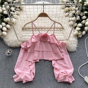 Kvinnors blusar chic ruffle långärmad kamisol koreansk mode fairy tank topp kvinnor sommar skörd söt streetwear