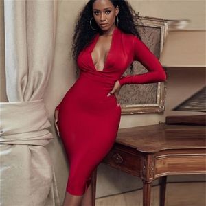Deer Lady Women Bandage Dress New Arrivals Red Bandage Dress Bodycon V Neck Bandage Dress Long Sleeve Sexy Party Club LJ200818245a