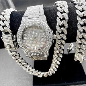 Цепочки, роскошные часы Iced Out, ожерелья, браслет, мужской комплект ювелирных изделий в стиле хип-хоп, кубинская цепочка-колье Miama, блестящие золотые часы302E