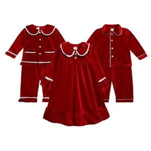 Pijamas de inverno boutique veludo tecido vermelho crianças roupas pjs com renda da criança meninos conjunto pijamas menina bebê sleepwear270c