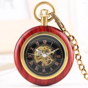 Pocket Watches Red Sandalwood Mechanical Watch Retro Pendant Gold Chain Roman Siffer Black Dial Automatic Clock