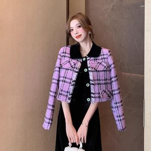 Kvinnorjackor Autumn Winter 2023 Plaid Purple Tweed Coat Korean Fashion Outwear Jacket