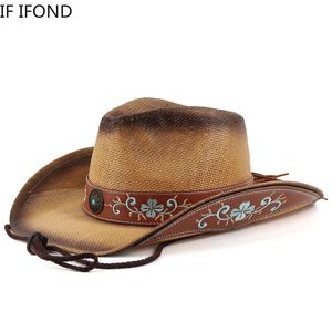 Breda randen hattar hink hattar vintage stråhatt western cowboy hatt vår sommar panama sol hattar retro elegant cowgirl jazz cap Sombrero Hombre 231006