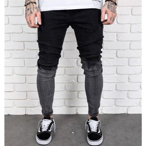 Mens Casual Fashion Personality Jeans Gradient Black Gray Contrast Color Ripped Holes Washed Denim Trousers262B