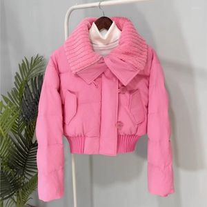 Trench da donna 2023 Inverno Donna Rosa Dolce imbottito corto Colletto lavorato a maglia femminile Manica lunga Crop Giubbotti Lady Moda coreana Parka