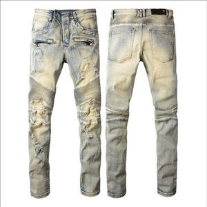 2022 Designer mens jeans hip-hop moda zíper buraco lavagem calças jeans retro rasgado dobra costura homens design motocicleta equitação legal s3362