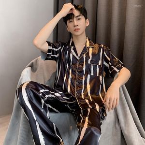 Women's Sleepwear Black Stripe Summer Men's Pajama Set Ice Silk Short Sleeve Pants Cardigan Small Polo Neck Simple Fashion Lazy Home Fur