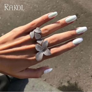 Wedding Rings RAKOL Flower Leaf Adjustable Rings for Women Delicate Silver Color Zircon Open Ring Fashion Wedding Party Jewelry 231006