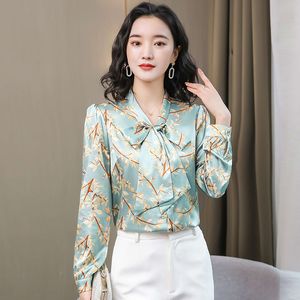 Retro Floral Silk Satin Blue Blouses Lantern Sleeve Women Designer Elegant Button Up Shirt 2023 Autumn Winter Ribbon Bow Tie Neck Shirts Office Ladies Runway Tops