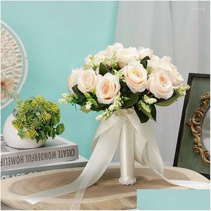 Decorative Flowers Wreaths Bouquet Bridal Flower Bridesmaid Hand Tied Artificial Rose Sen System Festive Ribbon Drop Delivery Home Gar Dhre5