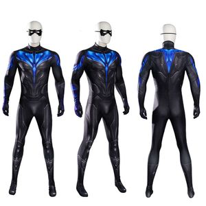 Homem azul e preto nightwing cosplay pau cosplay traje 3d impresso elastano bodysuit zentai terno com máscara de olho