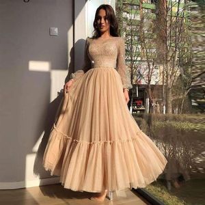 Party Dresses Sparkly Long Sleeves Champagne A Line Tulle Prom Sheer Scoop Neck Ankle Length Formal Evening Gowns 2022 Modest2322