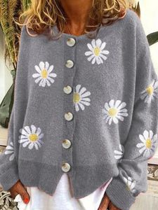 Mulheres malhas camisetas casual margarida floral impressão de malha cardigan bonito botão até tripulação pescoço manga comprida suéteres para mulher retro 231006