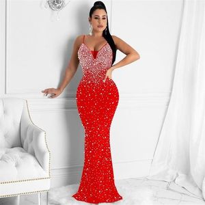 Abiti casual aderenti Maxi abiti da sera per feste Donna Diamante Perla Elegante cinturino per spaghetti senza schienale Club Abiti lunghi di mezzanotteCa180c