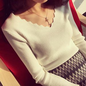 Women's Sweaters Wave V-neck Pullover Sweater Spring Autumn Long Sleeve Knitted Top Female Korean Wine Red Khaki Gray Black White