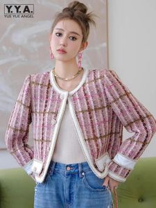 Women's Jackets Designer Autumn Women Plaid Tweed Jacket O Neck Single Breasted Office Ladies Work Coat Vintage Fashion Weave Short Party Jacket 231006