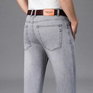 Mens Jeans Summer Thin High End Ljusgrå Rak Löst vår och Autumn Stretch Casual Long Pants 231005