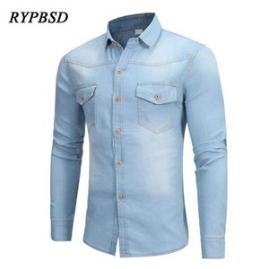 Nova chegada britânico lavado denim camisa masculina manga longa casual fino ajuste vestido masculino clássico luz azul jean camisa men273c