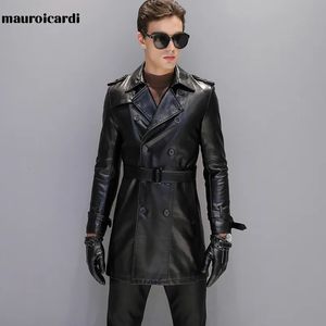 Men s läder faux Mauroicardi Autumn Black Trench Coat Men långärmad bälte dubbelbröst brunt plus -kläder 4xl 5xl 231005