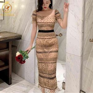 Summer Short Sleeve Self Portrait Dress Women Square Collar Sexy Mesh Polka Dot Bodycon Designer Runway Vestidos 210520248y