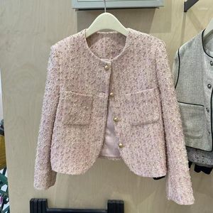 Kurtki damskie High Street francuskie eleganckie różowe tweedowe krótkie ubrania luksusowe panie jesienne zimowe zniszczenia Casacos top