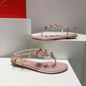 Hochwertige Rene Caovilla Sandalen mit flachem Absatz, modische Damen-Freizeitschuhe, luxuriöse Designer-Kleiderschuhe, Schleife, Kristalldekoration, Partyschuhe im römischen Stil