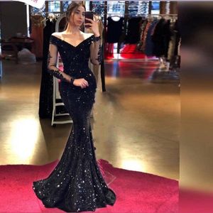 Sexy Sparkly Black Sequins Evening Dresses Mermaid V Neck Off The Shoulder Long Sleeves Lace Women Formal Night Party Gowns