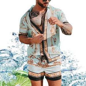 Summer Casual Loose Printing Tracks Duits Two-Piece Shirts Beach Suit Dreathable Blue and Shorts Set277h