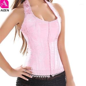 Aizne rosa halter espartilho topo rendas flor impressão overbust espartilho colete e bustier brocado gótico shaper lingerie sexy women1209t