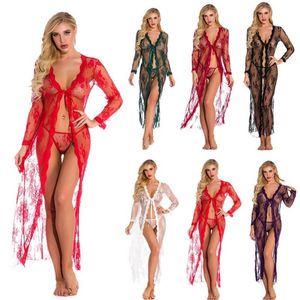 Sexy Long Sleeves Open-front Dress Robe Lingerie for Women Long Lace and Mesh Dress Sheer Gown See Through Kimono Robe Plus S-4XL 260S