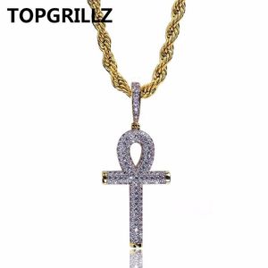 TOPGRILLZ хип-хоп рок ожерелье золотого цвета All Iced Out Micro Pave CZ Stone Ankh крест кулон ожерелья с веревочной цепочкой 60 см205G