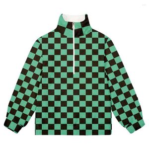 Hoodies masculinos 3D estampado anime verde xadrez checkerboard falaise suéteres tops para homens mulheres zíper gola flanela pulôveres quentes 5xl