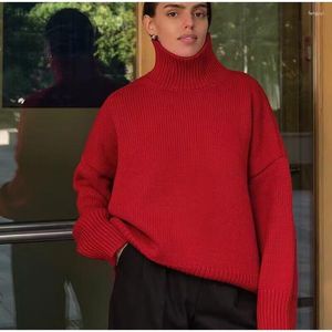 Suéter feminino vermelho solto malha suéter de gola alta para mulheres outono inverno crochê manga comprida pulôver tops vintage casual jumper de malha