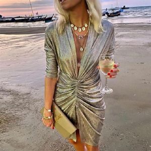 Casual Dresses Office Lady Bodycon Women Elegant Slit Mini Party Club Wear Dress 2022 Solid Color Deep V Neck Draped Silk Sexy245p