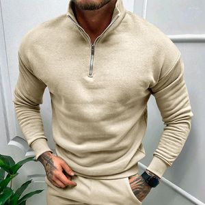 Herrtröjor Autumn Winter Plush Solid Long Sleeved Sweater Half Zip Polo Stand Collar Pullover Coat