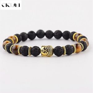 OIQUEI Braccialetti infilati da uomo di nuova moda Roccia lavica e pietra naturale dell'occhio di tigre e braccialetti con ciondoli con perline di testa di Buddha lavica Gif261j