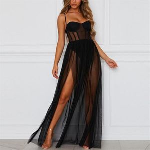 Casual Dresses 40# Sexy Mesh Transparent Flowy Dress Suspender Lace Temptation Strap Long Elegant Backless Silm Hight Waist Party2744