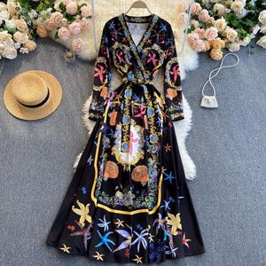 Casual Kleider Vintage Print Damen Kleid Kreuz V-ausschnitt Langarm Für Frauen 2023 Frühling Schlank Temperament Midi Frau