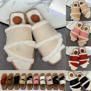 C Fur Letter Printed Flat Slippers Fashion Sandals Shoes Winter Warm Long Wool Slippers