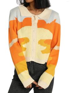Suéteres femininos 2023 mulheres botão para baixo camisola tops casual manga longa cor bloco de malha lapela casaco colorido solto cardigan para